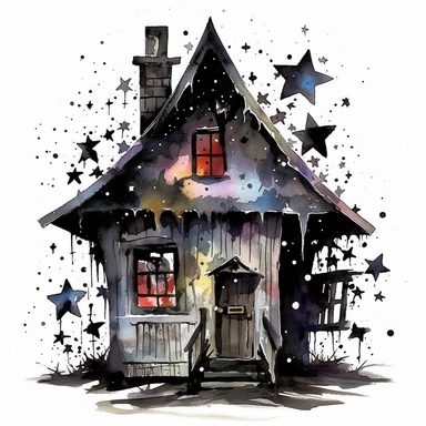 creepy magic witch's house stars clipart, detailed, white background, illustration painting, collaged constructions, digital art, watercolor, in the style of sculptural and geometric, forced perspective drawings, Geometric brushstrokes form an intriguingly abstract, in the style of dark fantasy, creepy frightening repulsive images, frightening, painterly figure, by Pablo Picasso, by Wassily Kandinsky, by Zdzisław Beksiński