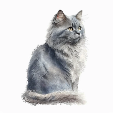 watercolor cute Nebelung cat clipart, white background,