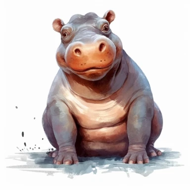 cute Hippopotamus Clipart sitting and smiling in the style of oil painting, on a white background