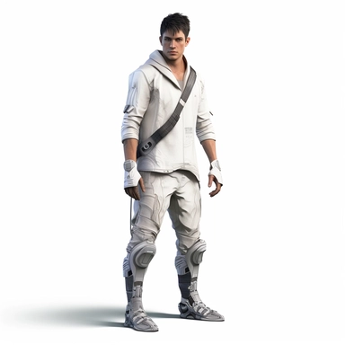 A young male, full body shoot, urban wear 1000years into the future post ecological evolution. unreal game engine style, different poses, detail, clipart, white background, one of a kind--ar 16:9