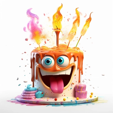 clipart of a messy two layer birthday cake, there is a funny face in the cake, candles, cartoon, for kids, funny, pixar, 8k, white background, sharp focus, detailed,