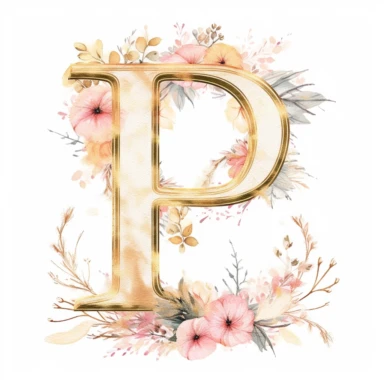 Clipart, Watercolor, Delicate, fine line, Gold Alphabet letter P, with soft pink flowers, pastel colors, hand-draw, texture