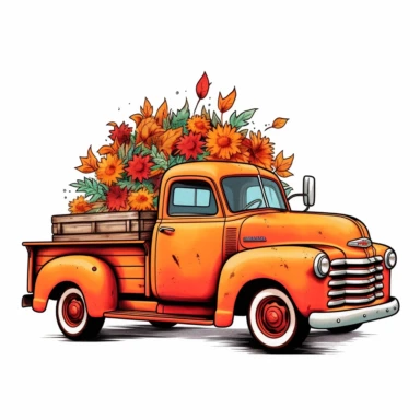 red,yellow,orange,classic truck,left side ,with pumpkin,sunflower,fall leaf,doodle,clipart,whitebackground
