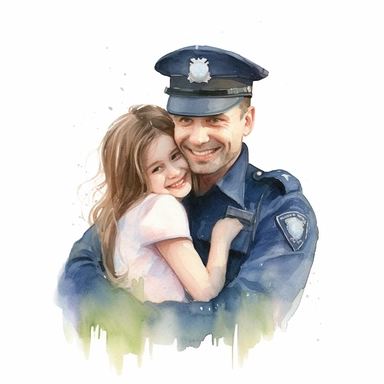 watercolour clipart, police man father hug daughter in grass, smile, realistic, cute,