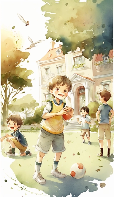 fThe little boy, family members, and other children are playing football together on the lawn outside the villa. The weather is sunny,high angle view,overall view,illustration for book, children's book, multiple positions,manga style,Watercolor Clipart, strybk,full Illustration, 4k, sharp focus, watercolor, smooth soft skin, symmetrical, soft lighting, detailed face, concept art, watercolor style, strybk, children's style fairy tales, chibi kawaii, . Octane rendering, 3d. Perfect face, detailed 