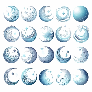 beautiful moon symbols in white, pale blue and silver, white background, vector-style, clipart collection