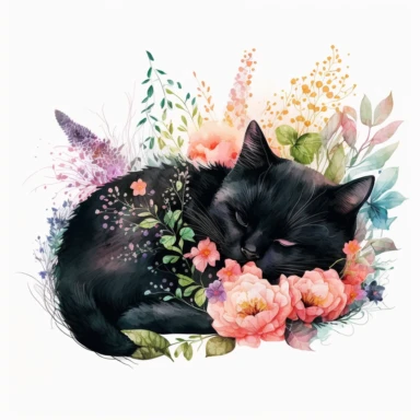 Cute Beautiful Lazy Black Cat Sleeping On Flower Watercolor Sublimation Clipart,Cartoon,hyper realistic, intricate detail, illustration style,high solution,on the white background