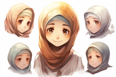 Little muslim girl wearing hijab hugging the book to her chest, illustration for book, children's book, multiple positions, five years old, Watercolor Clipart, strybk, full Illustration, 4k, sharp focus, watercolor, smooth soft skin, symmetrical, soft lighting, detailed face, concept art, watercolor style, strybk, children's style fairy tales, chibi kawaii, . Octane rendering, 3d. Perfect face, detailed face, delicate face, perfect sharp lips, detailed eyes. Craig Davison, Aubrey Beardsley, Conr
