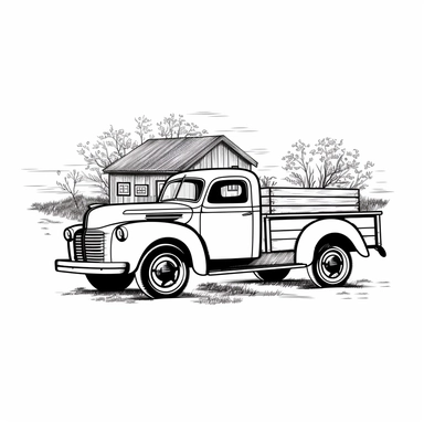 svg clipart black line cartoon drawing of a farm truck vintage, family farm, on a white background no shading