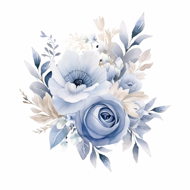 watercolor dusty blue floral decorative clipart for wedding invitation card, hd, detailed, pastel color, clean line, on white background, spaced out