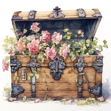 Empty open old pirate chest full of breathtaking english roses in pastel combo, by ann buccarelli ,watercolor, white background ,watercolour, insanely detailed, on white background, amazing colour combo, with detailed watercolor blooms of spring garden flowers white/ pink/ green, bec winnel, intricately textured, close up, walter Langley, lucy grossmith, heavy impasto technique, detailed shading, atmospheric watercolours, on white background clipart