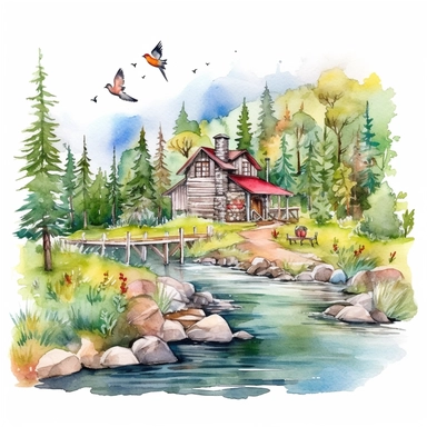 watercolor clipart painting of a Colorado mountain landscape, with evergreen pine trees, pinecones and sage green trees, with some yellow aspen trees and white birch trees, log cabin in the wood with smoke coming out of the chimney. there is a little bridge over the blue and green stream with rocks and lily pads in the babbling brook, a red cardinal and some hummingbirds, butterfly and dragonfly, a dusk sky with a moon and a few stars, hd, magical and whimsical illustration with a little gold gl