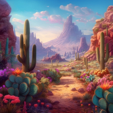 a short clipart of a desert scene with colorful cactuses, in the style of guillem h. pongiluppi, saturated color fields, hyperrealistic environments, depiction of rural life, alex alemany, vibrant cartoonish, hazy