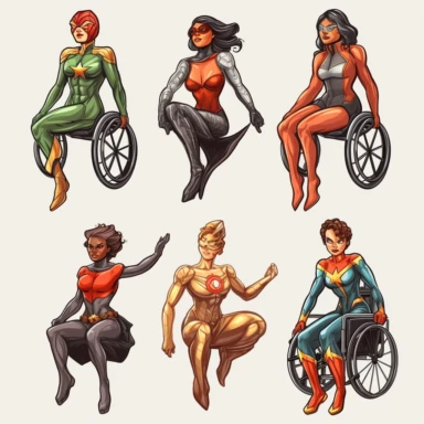 6 clipart elements, series of very hyperdetailed colorful stickers, beautiful superhero women with disabilities using aids, marvel style, superheros, each sticker with a clear white outline between each element, light grey background, realistic