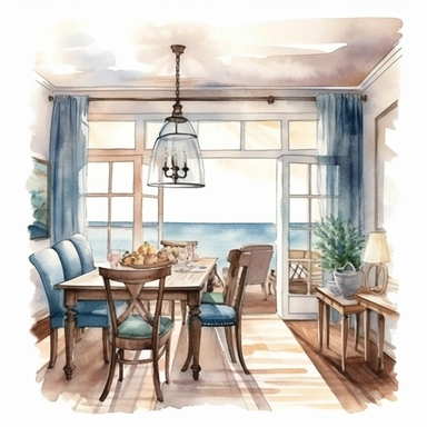 a beautiful dining room with a sea them watercolor illustration, in the style of atmospheric portraits, watercolor clipart isolated on white background