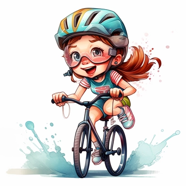 a watercolor painting of chibi Triathlete girl riding a triathlon bicycle, wearing bicycle helmet, wearing a triathlon gear, with athletic outfits, full body, smiling, both hands over the aerobars, Sport graphics, action clipart, 8k, watercolor, isolated on white background, 3d