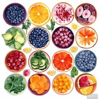 watercolor clipart of a collection of various nutritious healthy bowls, presented in a flatlay style with a top-side view on a clean white background. Each bowl should be filled with a visually appealing arrangement of nutritious ingredients, showcasing their vibrant colors and textures. Ensure that the bowls are not overlapping or interacting with each other, maintaining a clear separation between them. Capture the details of each ingredient with delicate watercolor strokes, emphasizing their f