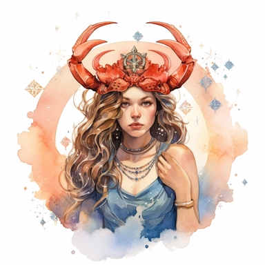 a beautiful woman representing the zodiacal cancer sign, crab crown, dreamy, element symbol drawing, women watercolor clipart, boho zodiac sign, epic, powerfull, mystic, white background, detailed, 8k