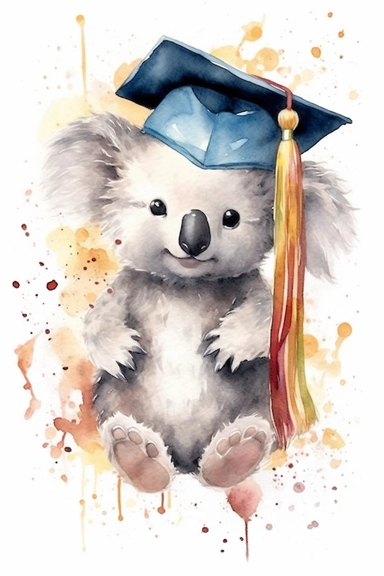 Create a watercolor clipart picture of a cute and happy koala wearing a graduation cap. The koala should have an adorable and delighted expression, with its fur depicted in soft watercolor textures. The graduation cap should be adorned with a tassel and placed on the koala's head. Surround the koala with celebratory elements such as confetti, balloons, and diplomas.