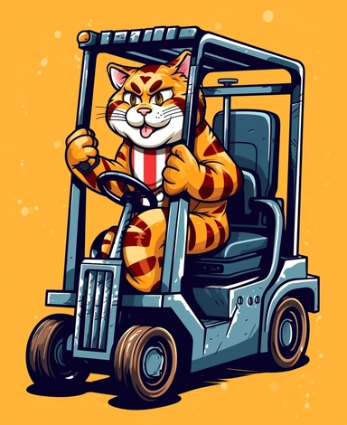 Showcasing a cartoon tiger as a forklift operator, with the design incorporating patriotic motifs and symbols to evoke a sense of American pride. The overall design can appear polished and poignant, with the tiger proudly operating the forklift, that can be used as a sticker, colorful, highly detailed, with a white background, in the style of Pixar clipart, and no cut off edges.
