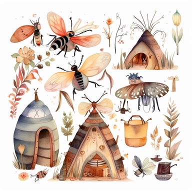 Watercolor boho backyard insect house , illustrations clipart set, simple, soft colors, cartoon elements, different variants, insects, ladybug, ants, grasshopper separate elements with a margin