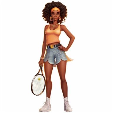 full body clipart dark skinned black woman tank top and blue jean shorts big curly shiny afro with head band gold earrings handson her hips tennis outfit with tennis racket