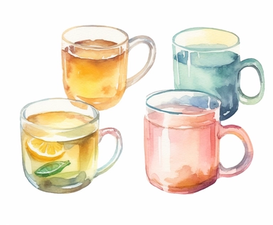 watercolor four Tea clipart, flat style, no volume, few details, washed out, minimalistic style, very lose details, very light colors, transparent colors, light airy hues and pastel tones, spaced out, white background, washed out colors and paint, hand-painted watercolor, watercolor paper with visible rough paper texture, a variety of watercolor brushes, do not cross workspace borders, rough watercolor paper texture on top