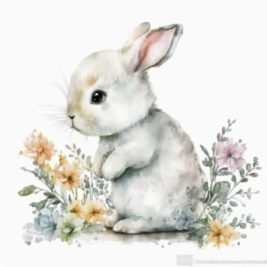 cute, little white bunny carrying flowers clipart, watercolor, white background, Nursery Art