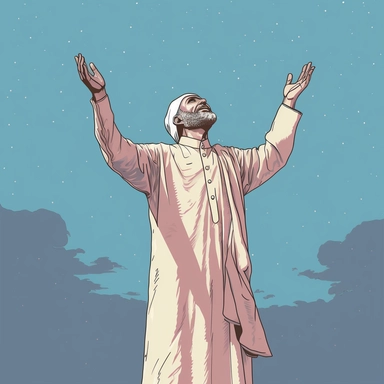 muslim man praying with his hands reaching sky, drawing, vectoral art, clipart, lineart, illustration, HD, 8K