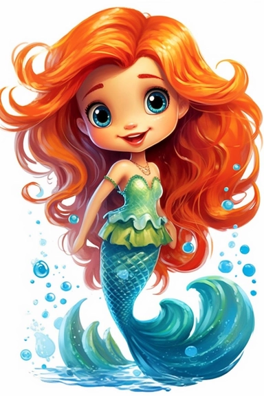 style of pixar and kawaii, mermaid, bright colors, watercolor, cute design, random hair and skin color, clipart
