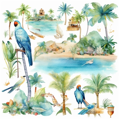 Tropical island beach clipart set isolated on white, watercolor, turquoise, blue parrot, - - no photograph