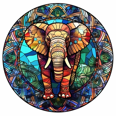 Stained Glass elephant ornament,in the style of circular, артур скижали-вейс, animated mosaics clipart on a white background, shutterstock contest winner, generative art, detailed painting, digital illustration, photoillustration isolated on white background, digital watercolor