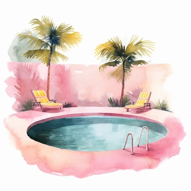 basic watercolor pink pool scene with yellow accent in minimal hand drawn style, Etsy, textured, clipart, white background