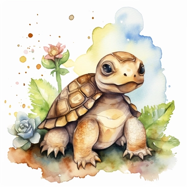 A charming watercolor turtel clipart bundle, showcasing an adorable turtel engrossed in playful activities. Against a clean white background, the watercolor painting depicts the cub's unbridled enjoyment and sense of fun. This cute baby animal clipart bundle infuses designs with a lively and joyful atmosphere, creating a delightful and engaging visual experience. /artistic_style:Watercolor painting /background:white /subject:playful tiger cub /emotion:enjoyment, fun /atmosphere:playful and cheer