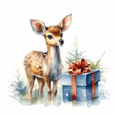 one christma deer and gift box watercolor clipart on a white background, in the style of detailed nature depictions, whimsical drawings , no watermark, text, 300 DPI , typography, shapes do not stick together, no text in the picture, on a white background