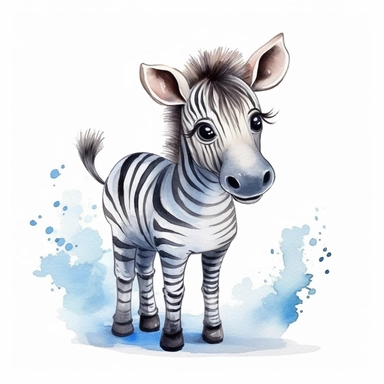 watercolour, clipart, a cute little zebra, white background, in the style of animated gifs, soft shading, soft watercolors, children's story book, simplistic,