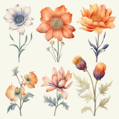 Clipart, vintage, watercolor, tubular flower, illustration, hand drawn, texture