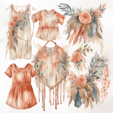 *Design a watercolor clipart featuring bohemian-style baby cloth such as flowy dress, romper, and fringed vest. Use earthy tones and delicate lines to capture the free-spirited vibe, white background