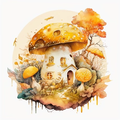 Watercolour yellow, orange Magic Mystical Mushroom clipart with white background cottage surrounded by fruits and front garden, with yellow buttlerflys