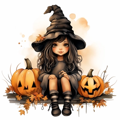 Hand drawn , halloween cute little witch sitting on polka dot pumpkin clipart, watercolor, Claudia Tremblay style ,no shadow,single design, print on demand image, PNG transparent ,white background for removing background - - no text shadow font watermark