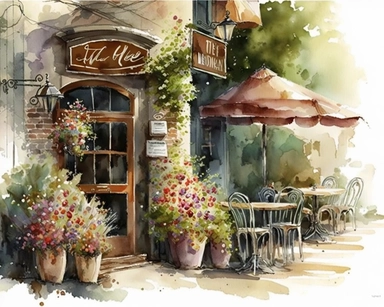Clipart, watercolor painting, coffee shop As the gentle breeze carries the faint aroma of fresh coffee, you find yourself captivated by the scene before you. Nestled in a quaint street lined with charming buildings, a quaint looking cafe. The outdoor seating area beckons with rustic charm, decorated with cast iron chairs and tables decorated with vibrant potted flowers. In the background, a gentle stream meanders through a lush green garden, creating a relaxing atmosphere that perfectly compleme
