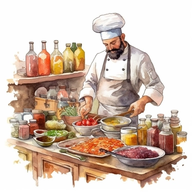 kitchen chef using spices while cooking clipart, aquarell, high resolution,