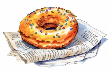 donut on a newspaper illustration clipart, hd, on white background, spaced out