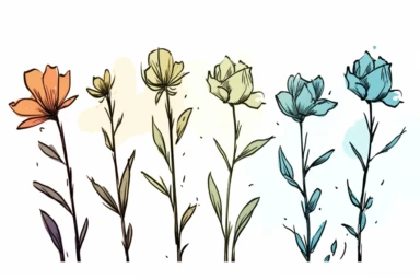 ink drawing four flowers clipart, ink style, ink drawing, vector style, manga style, light flat colors, prominent ink strokes, flat style, prominent line style, white background, spaced out, do not intersect images, spacing between elements, single thickness lines, no shadows, few details, only lines, only black lines, no volume, hand drawn ink drawing, free-hand light color strokes under ink lines