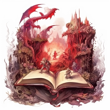 fantasy scene coming out of an open book, elves, orcs, dragons, magical, watercolors, Clipart, pastel red color theme, intricate and detailed