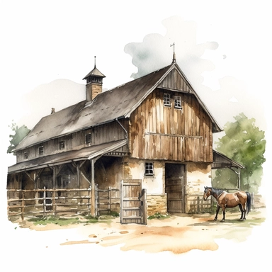 realistic watercolor drawing of a horse stable in England, on a white background where the background will be removed to repurpose as a clipart.