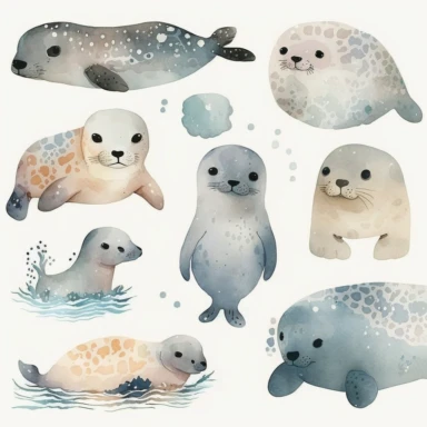 watercolor clipart of a harbor seal clipart , cute cartoon marine animals, watercolor, watercolor paper texture, no background. clear simple shapes. isolated clipart. Adorable. High quality.