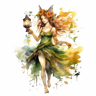 Clipart, watercolor, white background: A forest fairy with flowing, shimmering hair, adorned with floral crowns and carrying a tiny lantern to light her way through the magical woods.