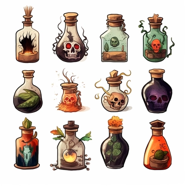 Witches inventory, witchcraft, labels, flasks, elixir, illustrated clipart, minimalist, isolated white background, 8k