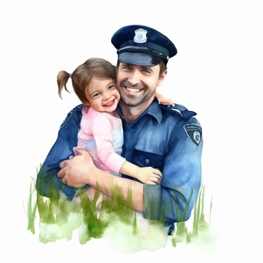 watercolour clipart, police man father hug daughter in grass, smile, realistic, cute,